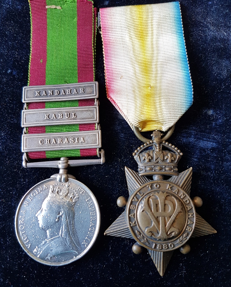 A very fine Afghanistan Medal 1881 with 3 clasps and Kabul to Kandahar Star 1881 medal pair. Kandahar clasp, Kabul clasp, Charasia clasp